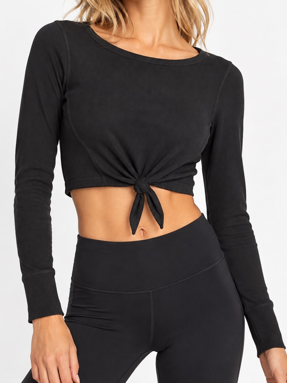 Free People Movement Black Ribbed Long Sleeve Tie Front Crop Top. Size L